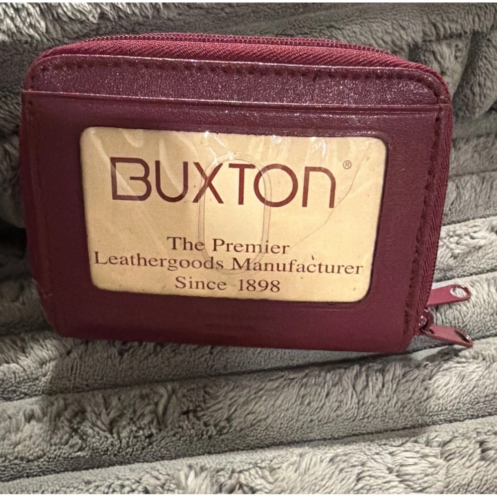 Buxton Double Zip Wallet Women Small Plum Red Leather Accordion Card Case Holder